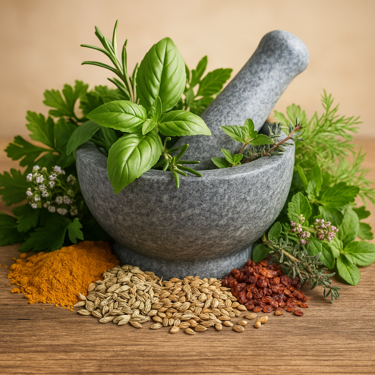 Phytotherapie - Tierheilpraxis akupunktierchen - Juliane Merkler Hier sieht man Kräuter und Gewürze mit einem Mörser und Stößel als Beispiel für die Phytotherapie der Tierheilpraxis akupunktierchen